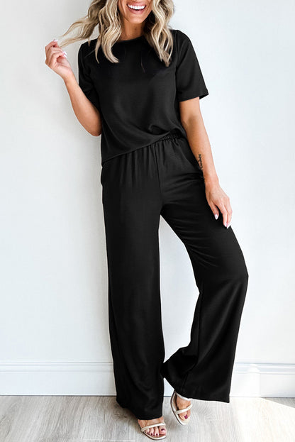 Smoke Gray Solid Color T-Shirt and Wide Leg Pants Set