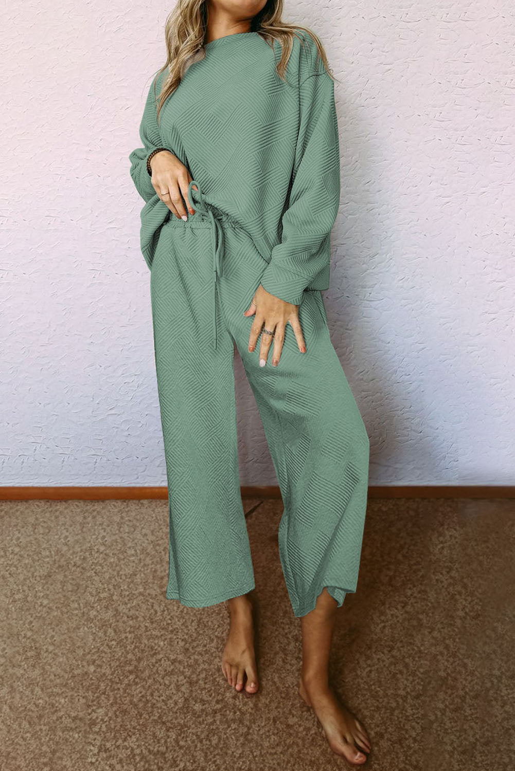 Gray Textured Loose Slouchy Long Sleeve Top and Pants Set