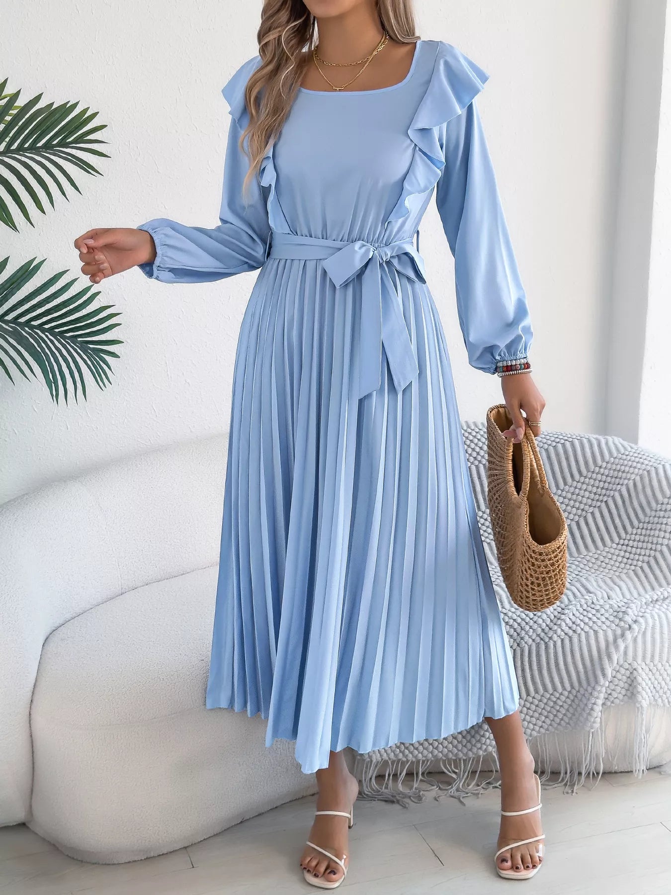 Ruffle Trim Pleated A-Line Midi Dress Ruffle Trim Pleated A-Line Midi Dress