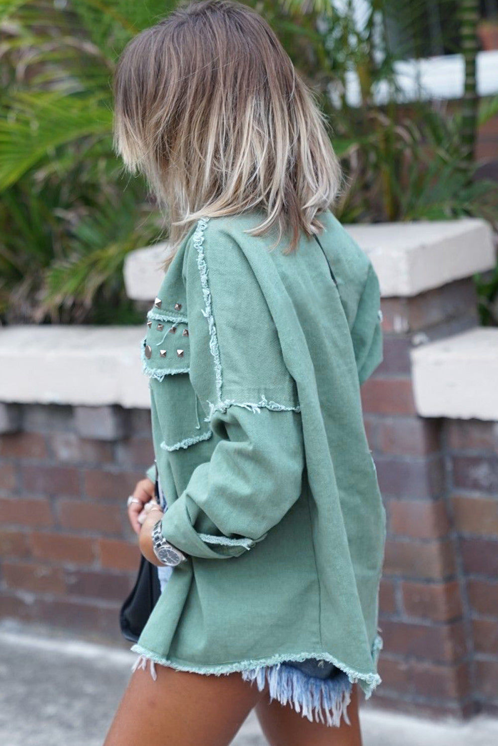 Green Frayed Trim Vintage Rivet Denim Jacket