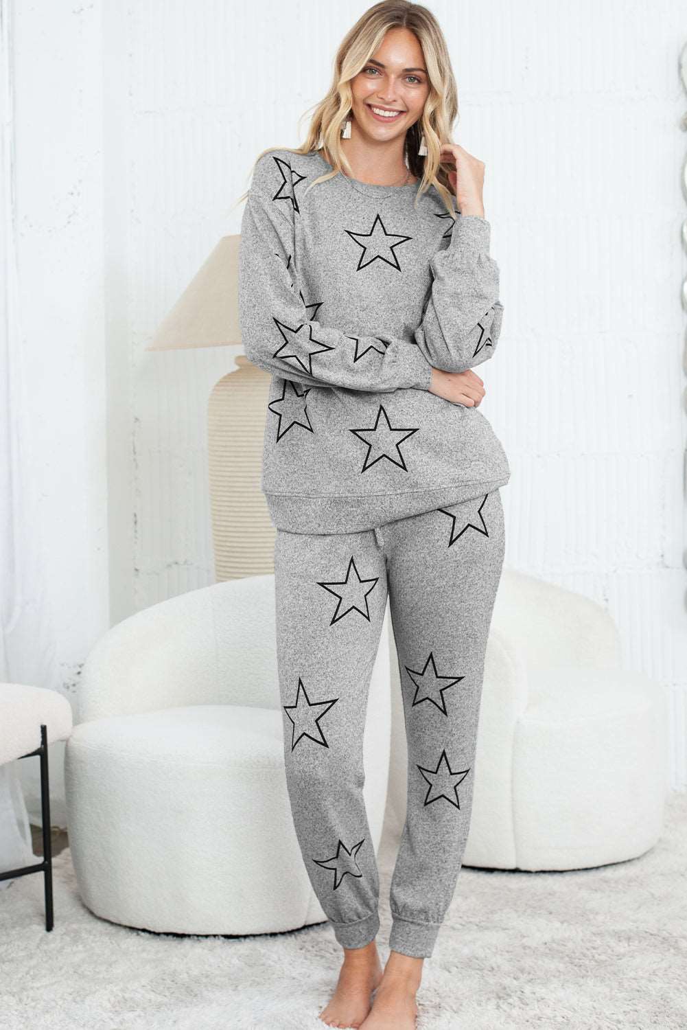 Black Stars Print Long Sleeve Top and Drawstring Pants Set