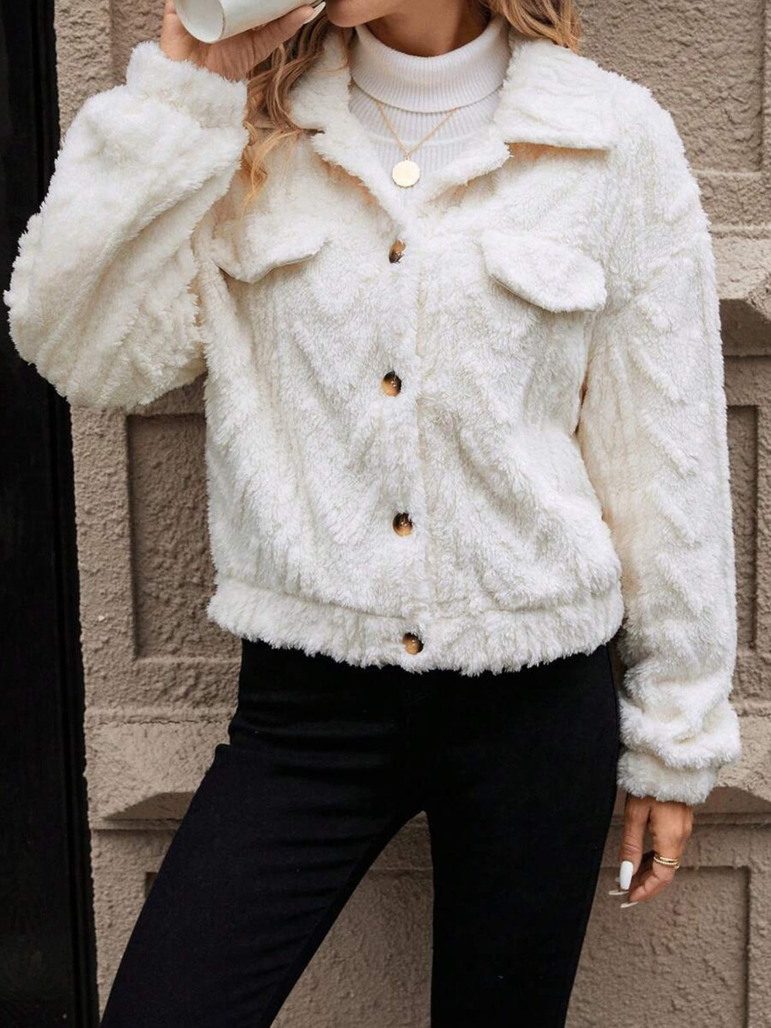 Button Up Long Sleeve Fuzzy Outerwear