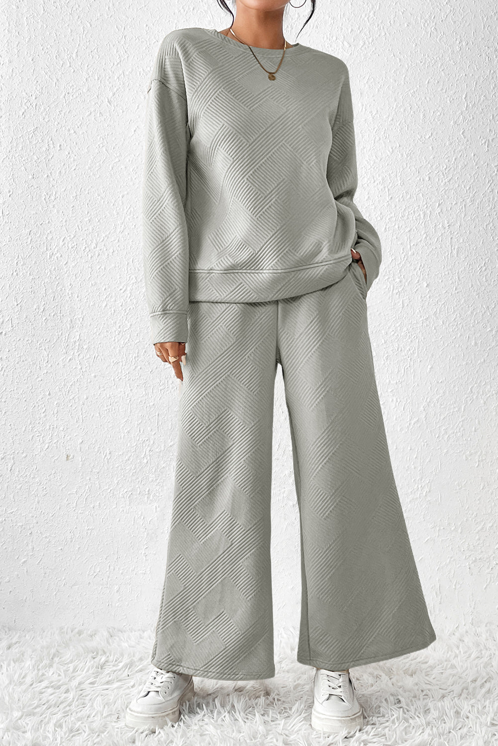 Gray Textured Loose Slouchy Long Sleeve Top and Pants Set