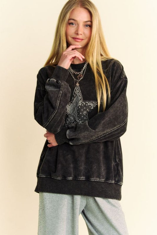 Trendy Davi & Dani acid washed sweatshirt featuring stud star patch, perfect for a stylish, edgy look.