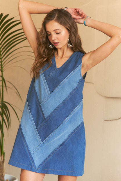 ADORA Chevron Color Block V-Neck Denim Dress