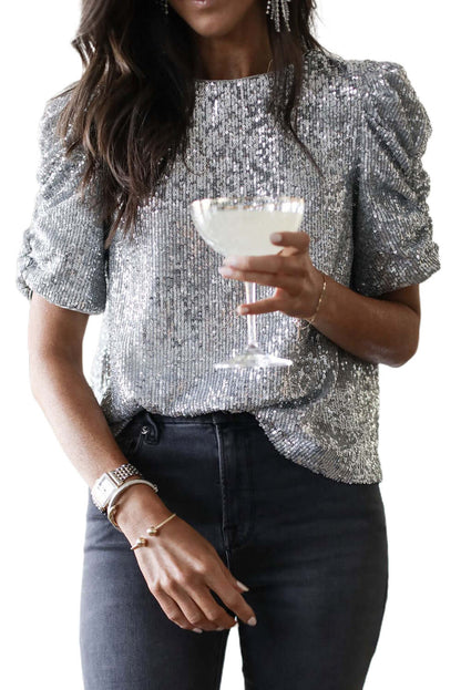 Silvery Ruched Puff Sleeve Sequins Short Sleeve Shirt