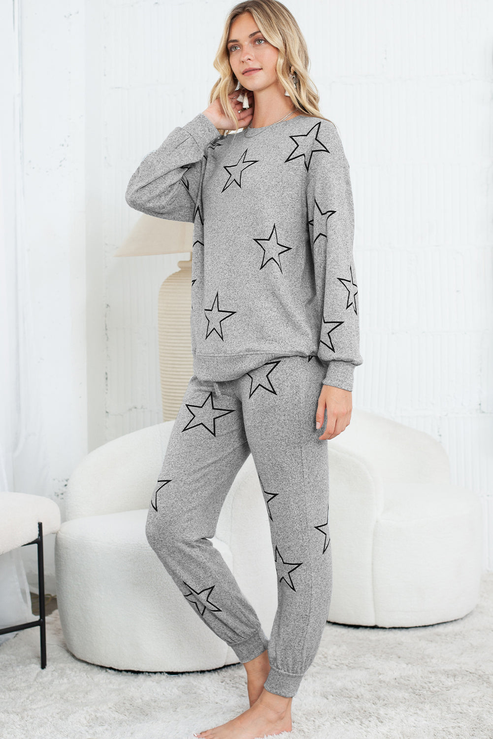 Black Stars Print Long Sleeve Top and Drawstring Pants Set