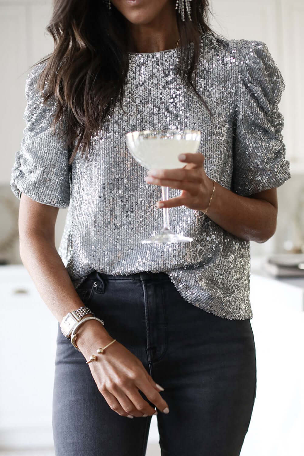 Silvery Ruched Puff Sleeve Sequins Short Sleeve Shirt