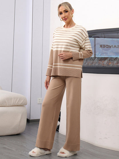 Basic Bae Striped Round Neck Long Sleeve Top and Pants Sweater Set