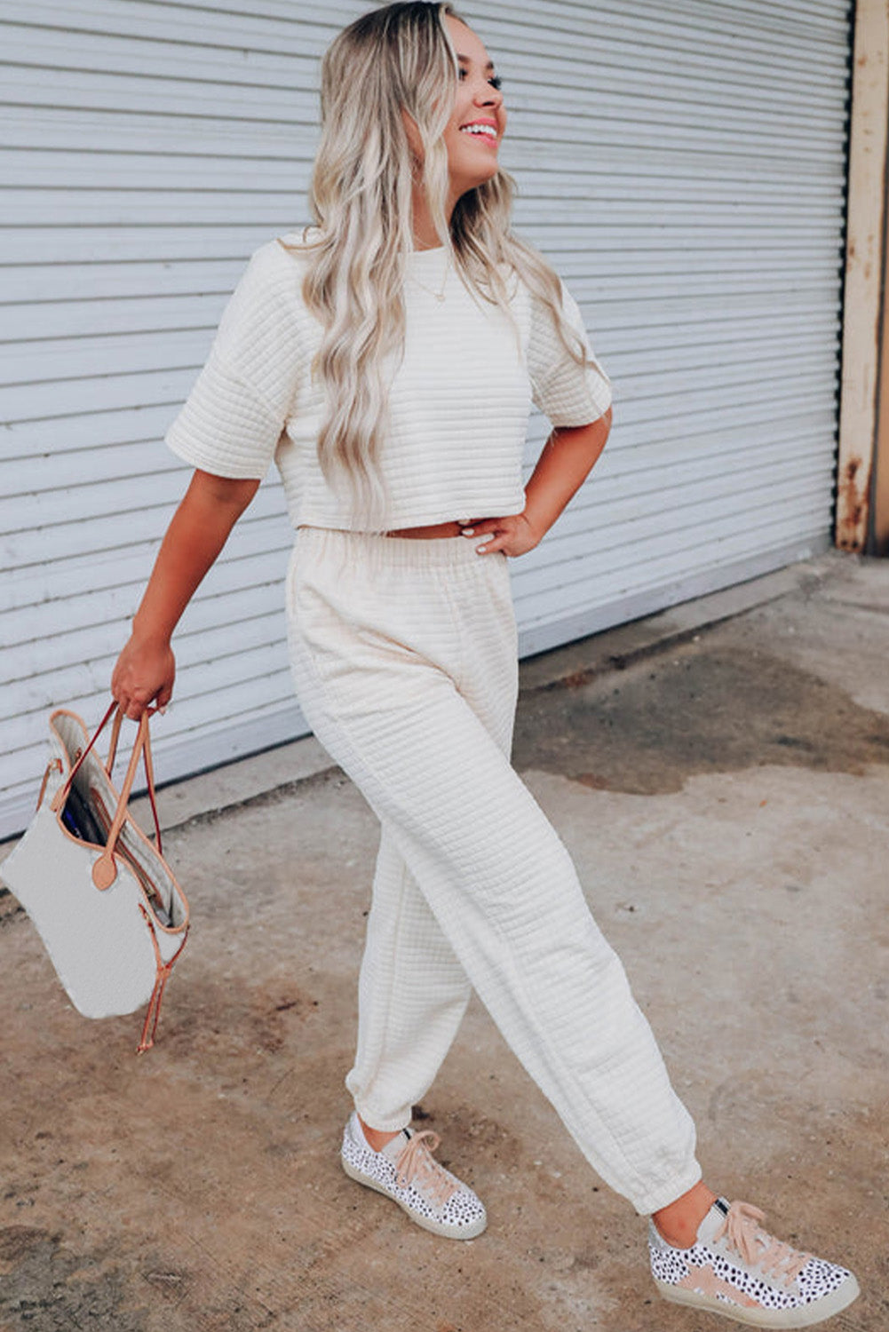 White Lattice Textured Cropped Tee and Jogger Pants Set