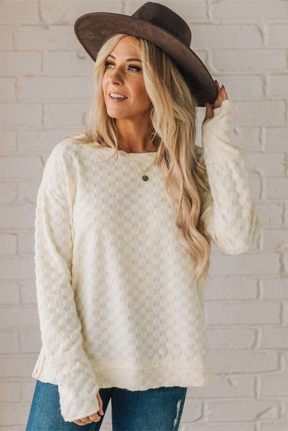 Beige Checkered Furry Thumbhole Long Sleeve Top