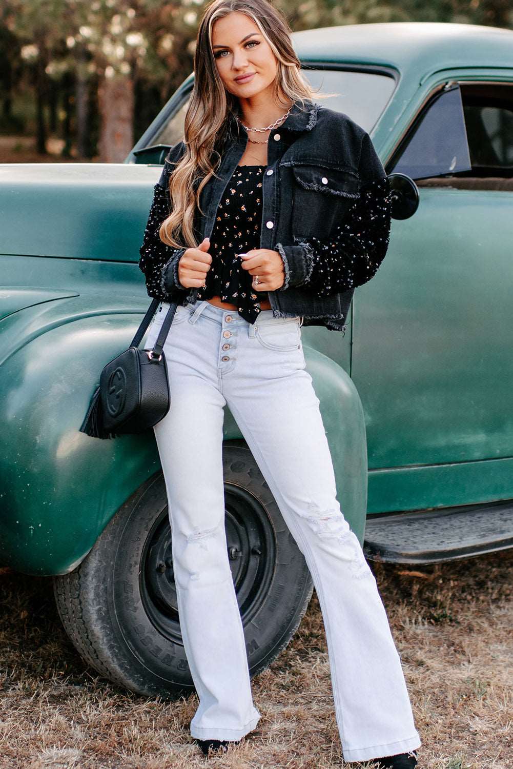 Black Sequin Sleeve Pocketed Raw Hem Denim Jacket