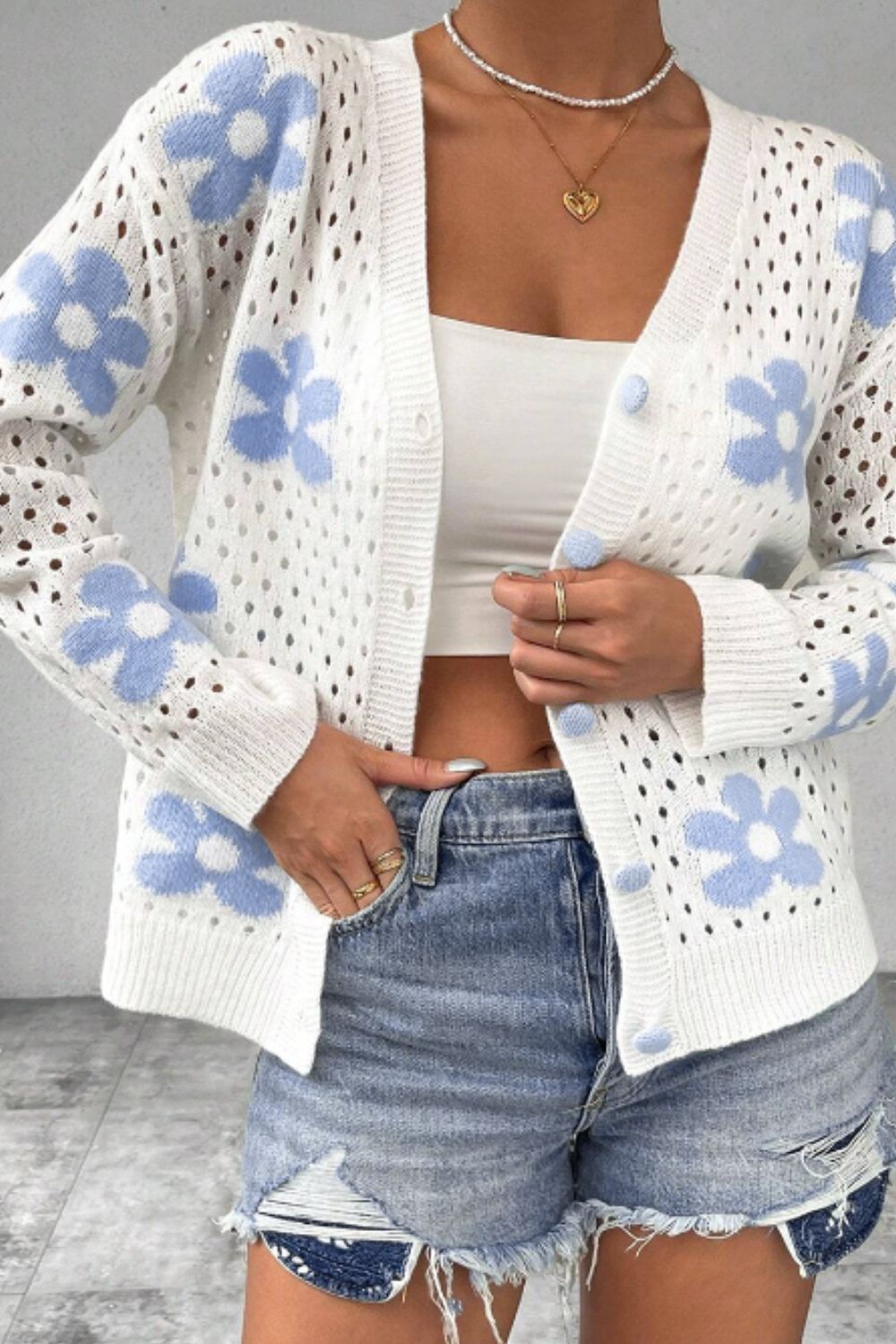 Flower Hollowed Out Button Down Long Sleeve Cardigan