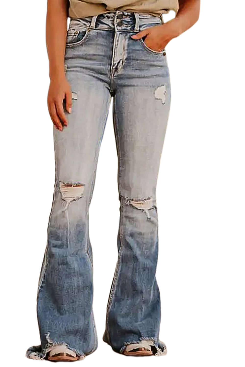 Dusk Blue Vintage Light Wash Ripped Raw Edge Flare Jeans