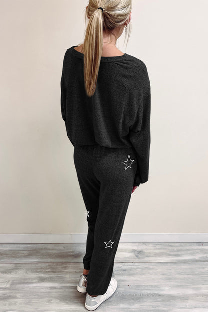 Black Stars Print Long Sleeve Top and Drawstring Pants Set