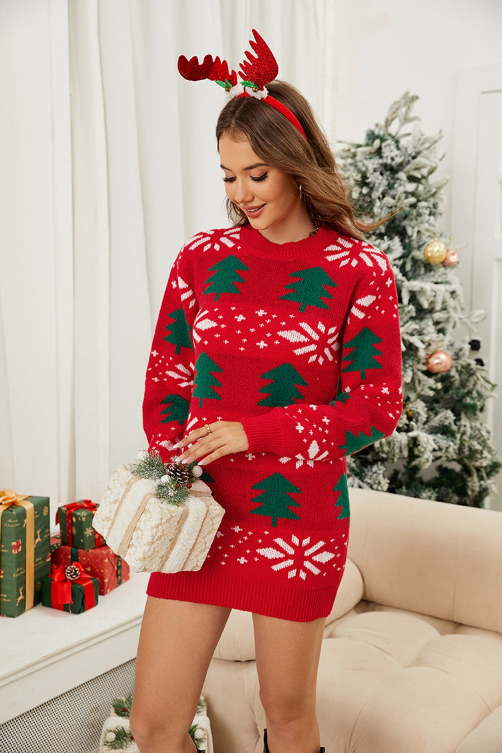 Christmas tree round neck sweater dress in red with green trees, perfect for winter season festivities and online shopping.