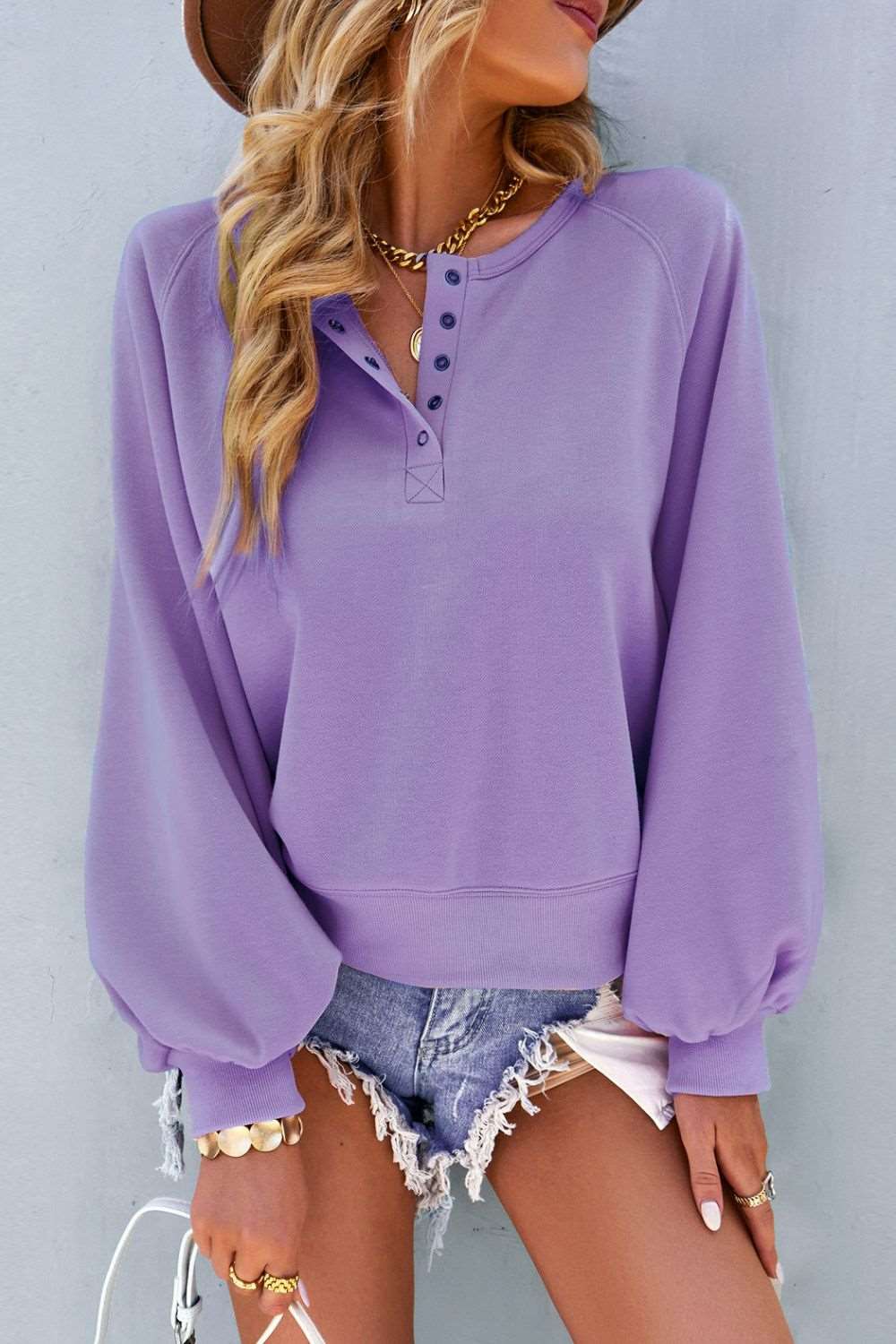 Balloon Sleeve Henley Sweatshirt