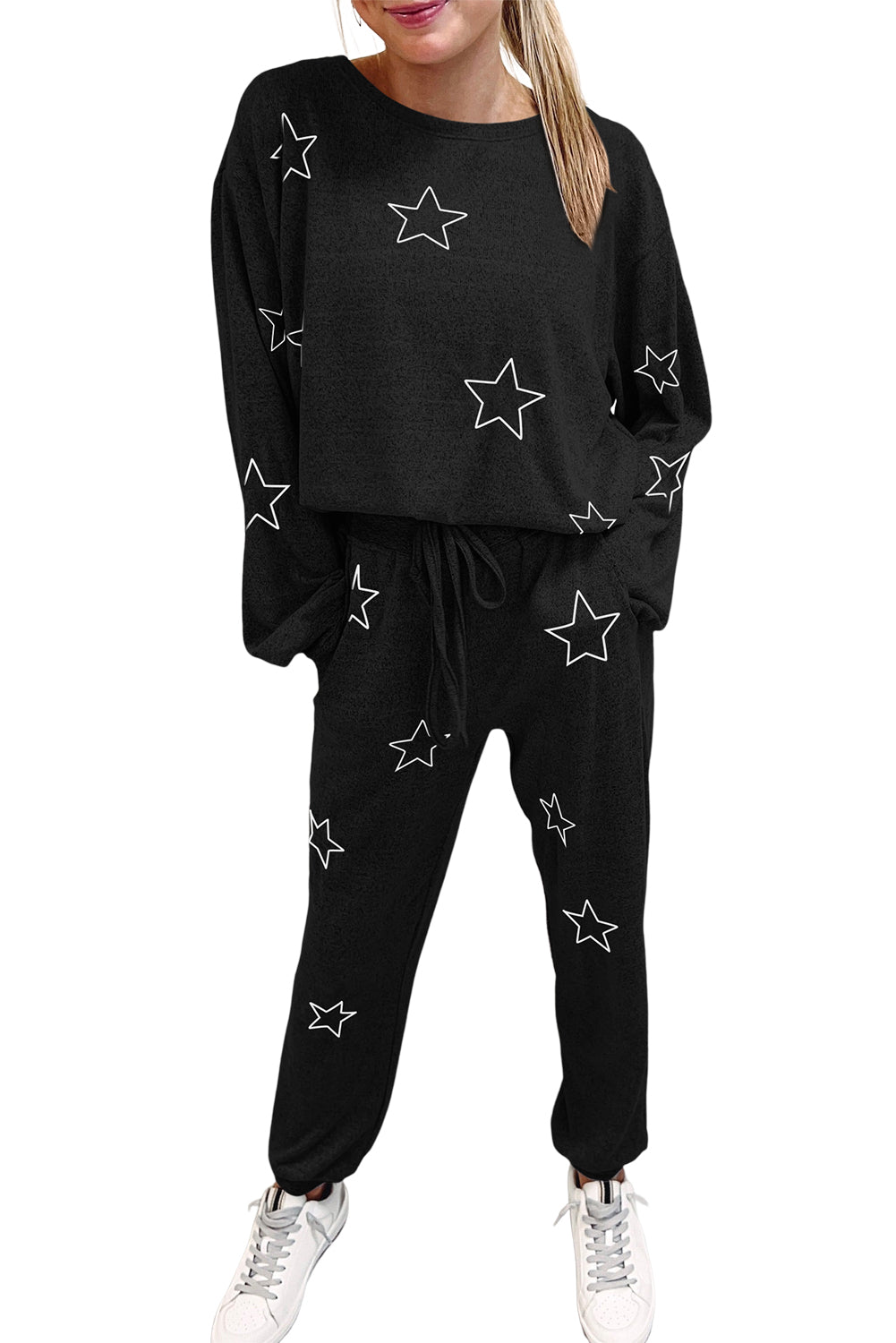 Black Stars Print Long Sleeve Top and Drawstring Pants Set