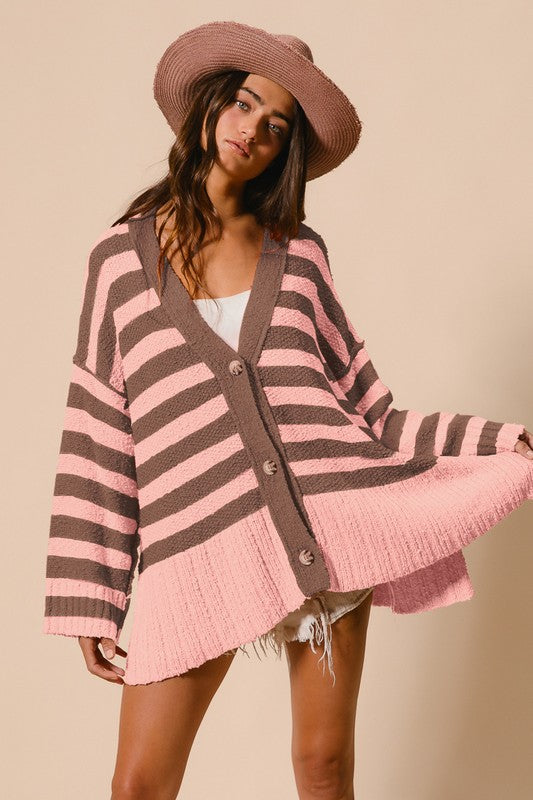 BiBi Slit Striped V-Neck Button Up Cardigan in pink and brown, styled with a casual look and a chic curved hem.