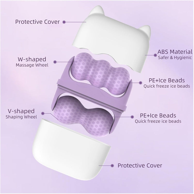 Ice roller set for facial skincare featuring W-shaped and V-shaped massage wheels with protective cover.