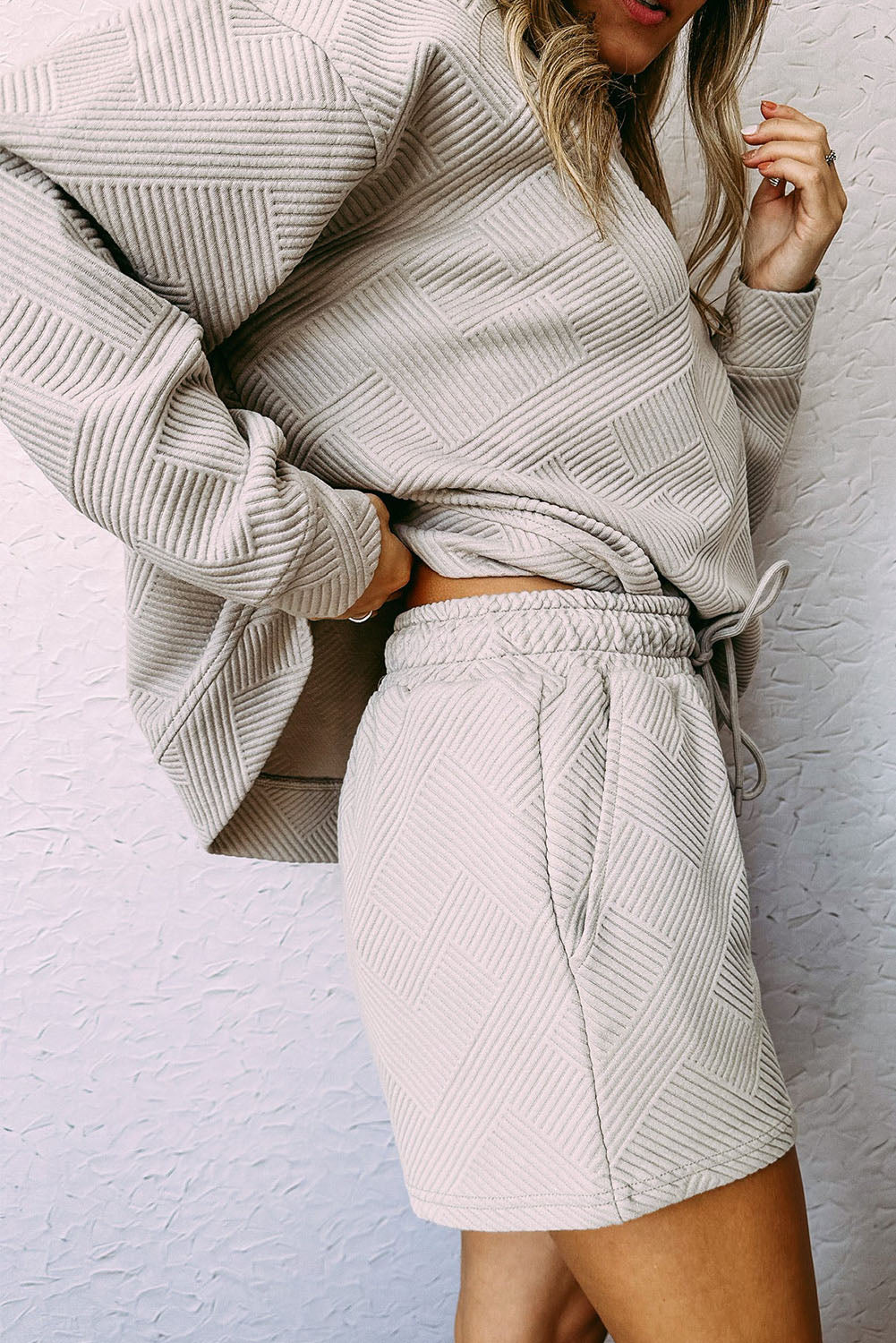 White Textured Long Sleeve Top & Drawstring Shorts Set