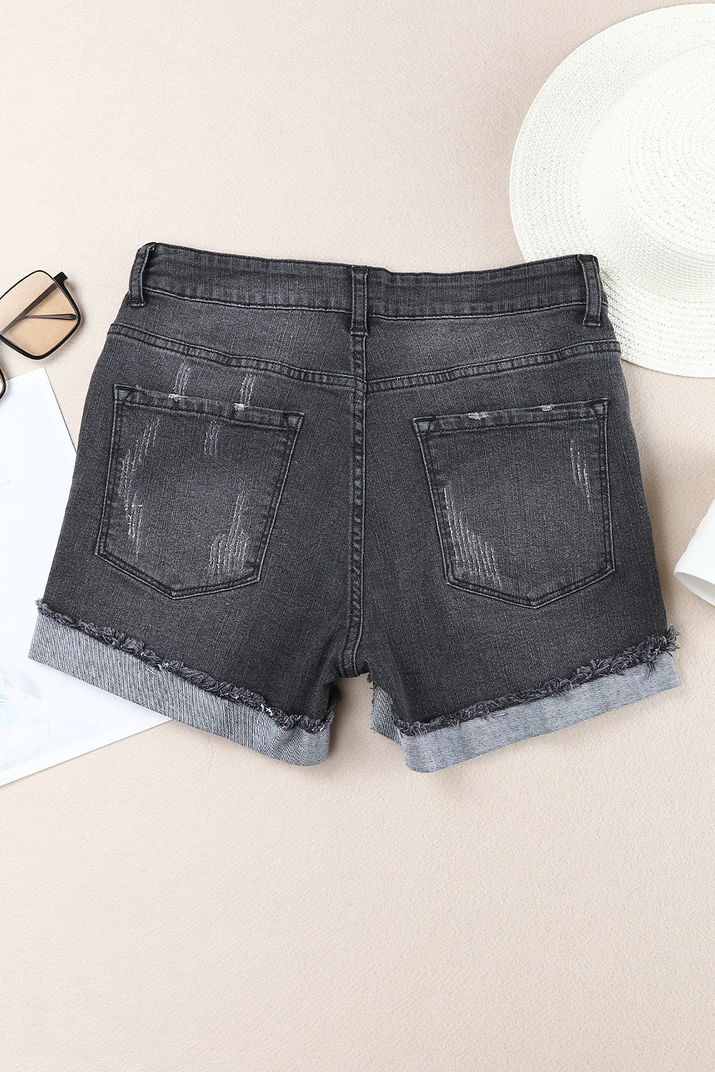 Dark Blue Casual Ripped Rolled Hem Denim Shorts