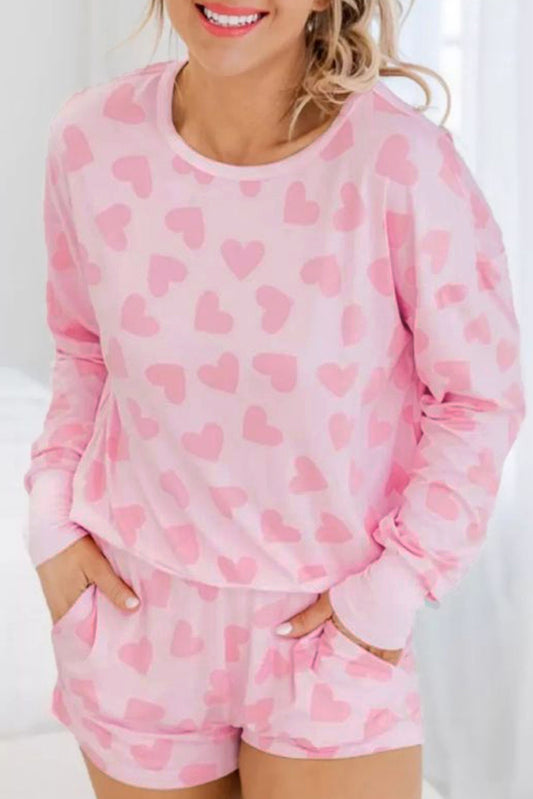 Black Heart Shape Print Long Sleeve Top and Shorts Loungewear Set