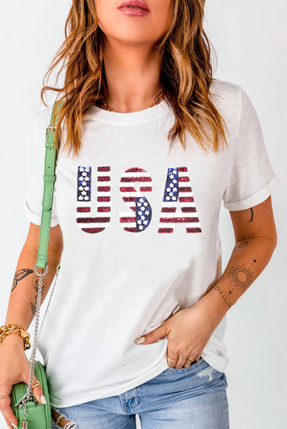 White USA Flag Sequin Graphic Patched Round Neck T Shirt