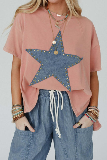 Apricot Pink Studded Star Patch Side Slits High Low Tee