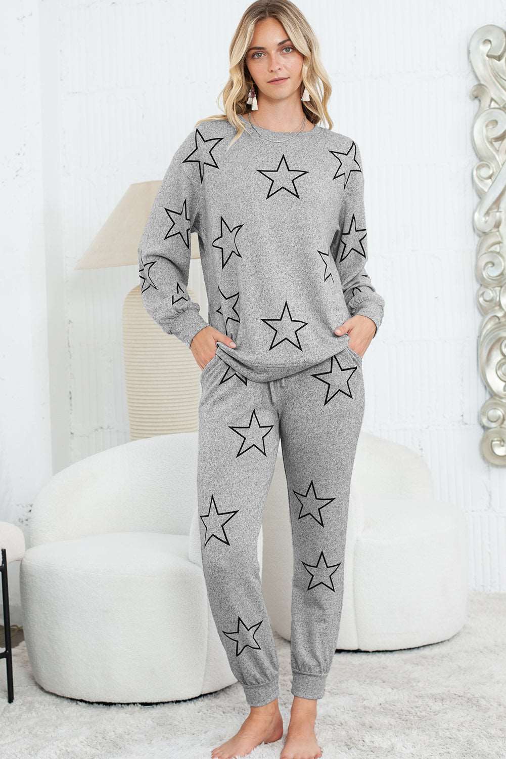 Black Stars Print Long Sleeve Top and Drawstring Pants Set