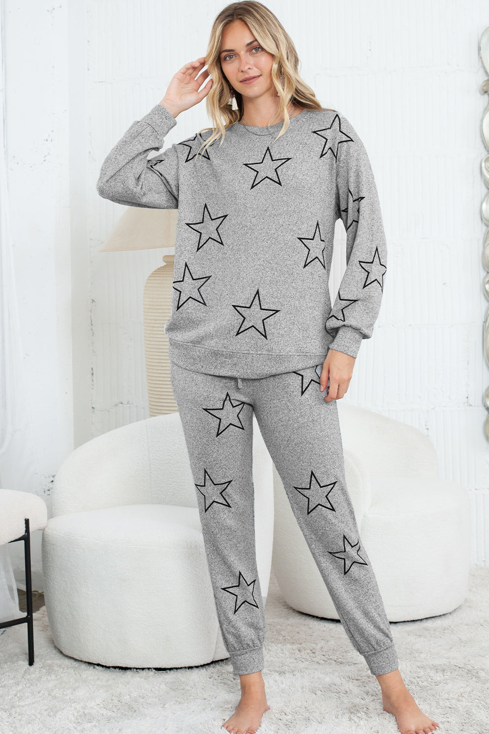 Black Stars Print Long Sleeve Top and Drawstring Pants Set