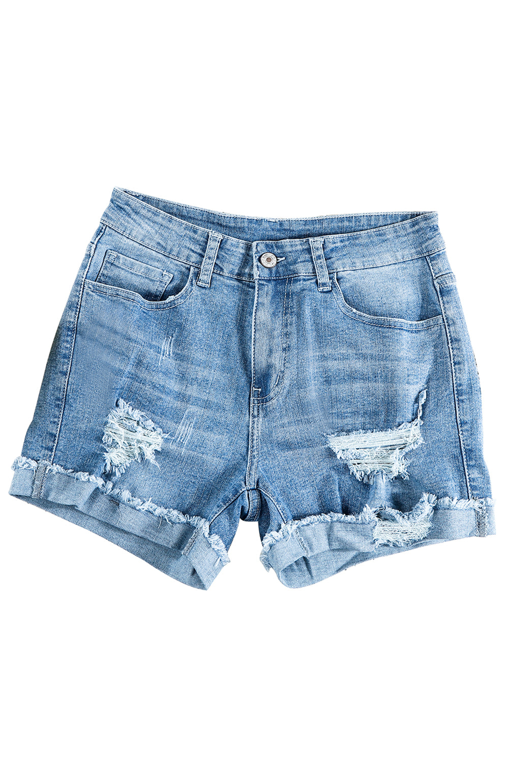 Dark Blue Casual Ripped Rolled Hem Denim Shorts