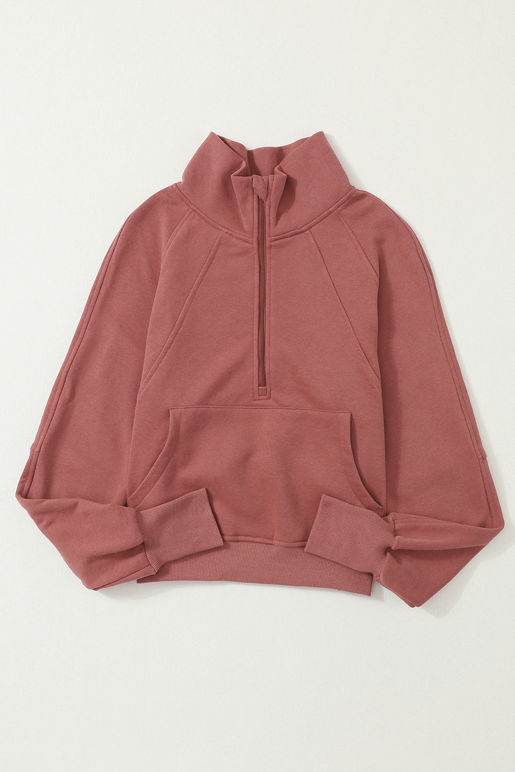 Brown Zip Up Stand Collar Thumbhole Sleeve Sweatshirt