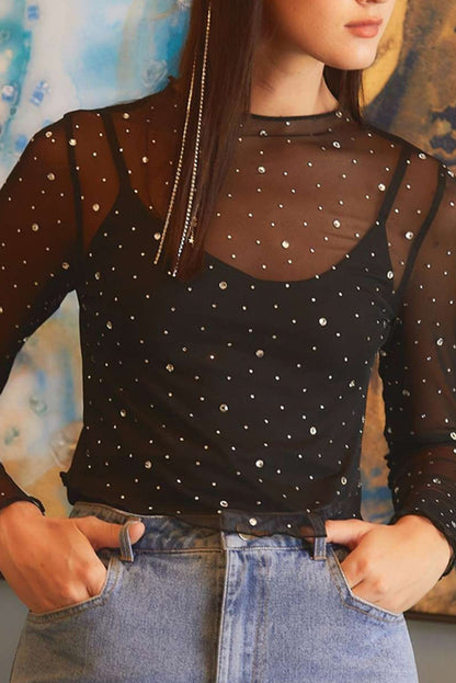 Black Rhinestone Cropped Mesh Top