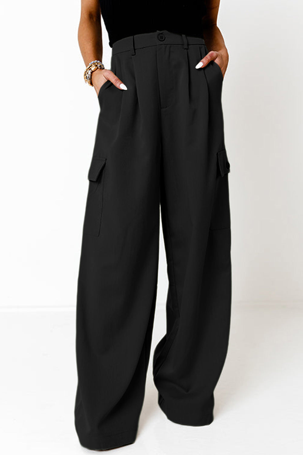 Ruched Wide Leg Pants with Pockets