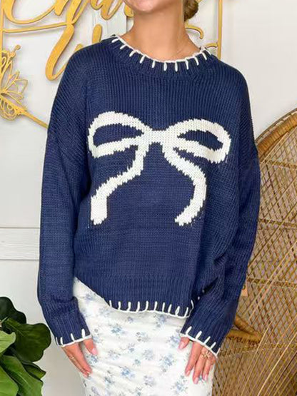 Navy bow round neck long sleeve sweater, perfect for winter season and online shopping. Stylish and slightly stretchy acrylic fabric.