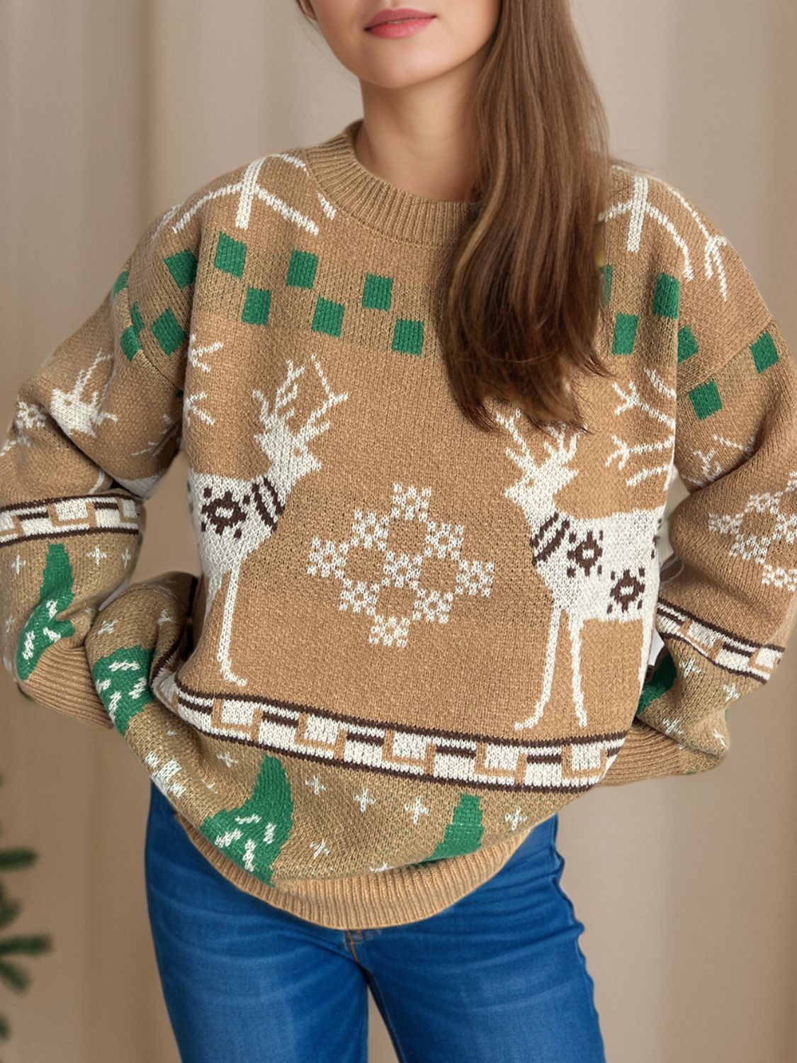 Christmas Element Round Neck Long Sleeve Sweater