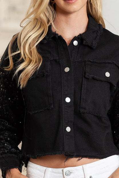 Black Sequin Sleeve Pocketed Raw Hem Denim Jacket