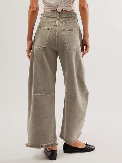 Raw Hem Wide Leg Jeans with Pockets