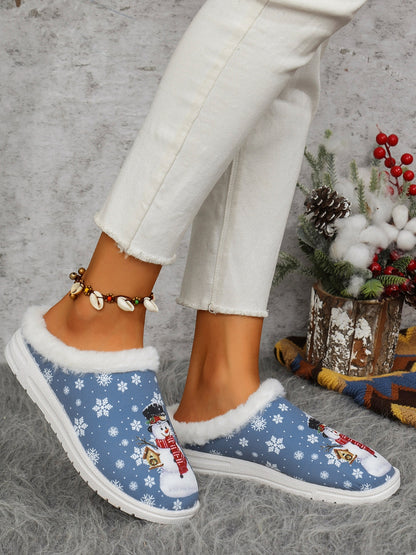 Cozy snowman print flat slippers with faux fur, perfect for Christmas sweaters and new arrivals this holiday season.