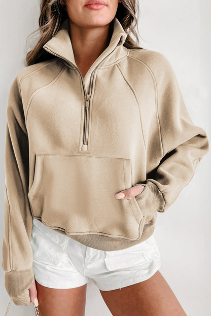 Brown Zip Up Stand Collar Thumbhole Sleeve Sweatshirt