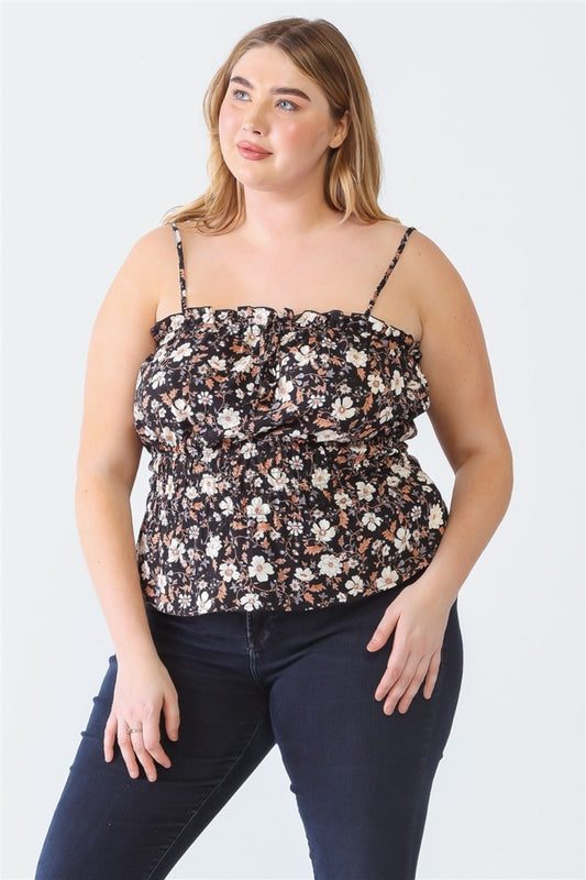 Zenobia Camisola con cuello cuadrado y estampado floral con volantes de talla grande