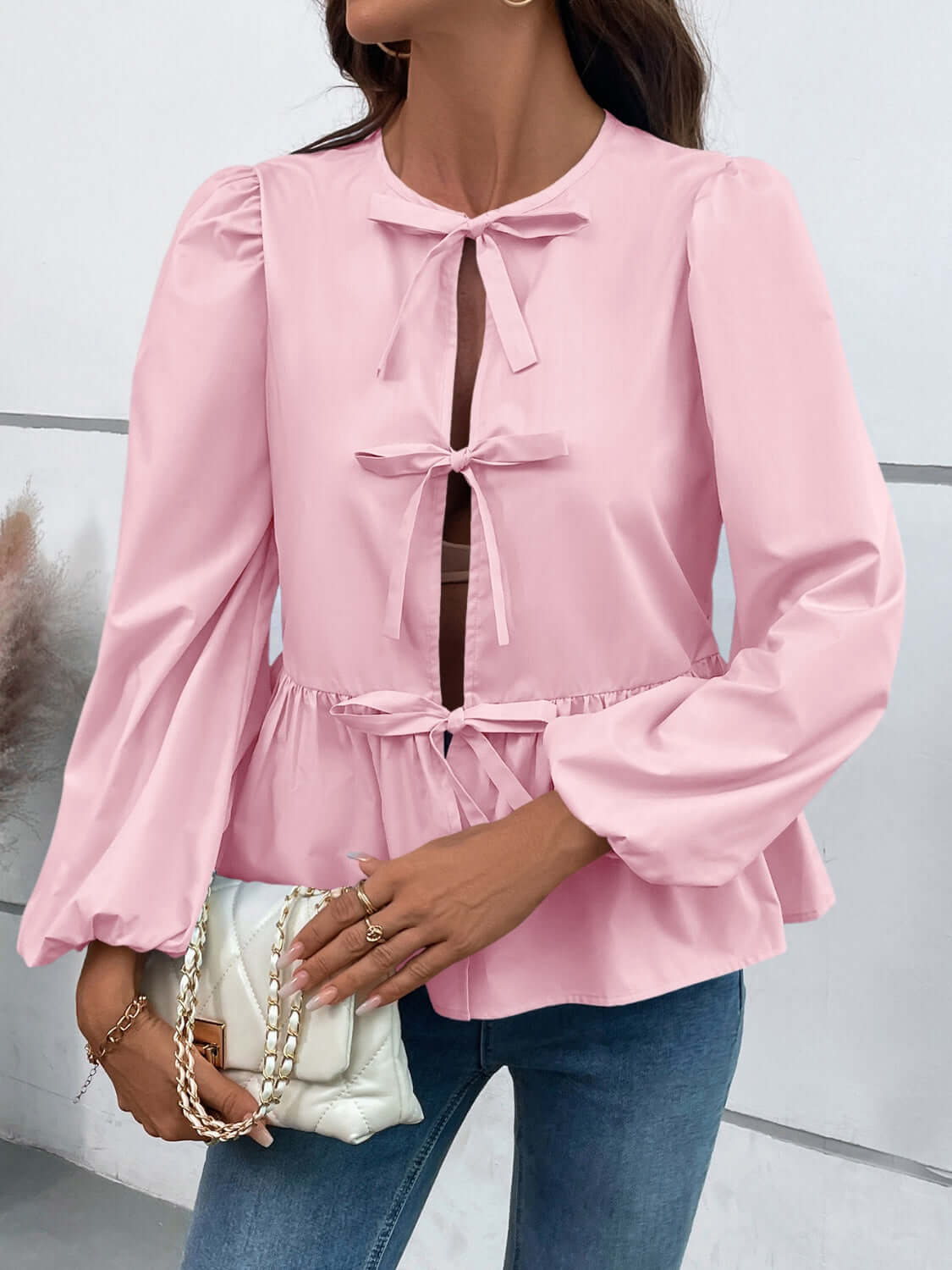 Peplum Tied Long Sleeve Blouse