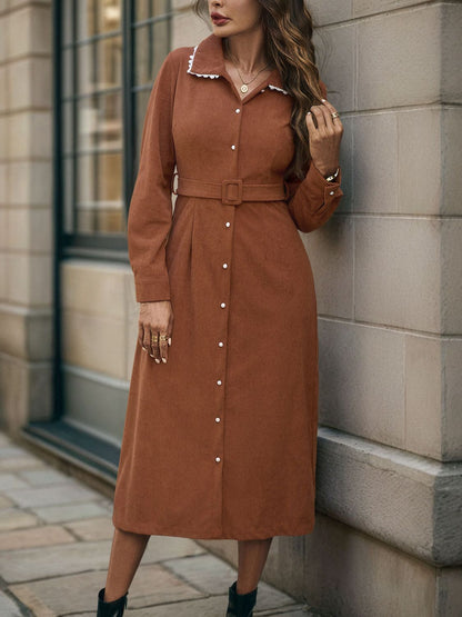 Perfee Lace Detail Collared Neck Long Sleeve Midi Dress