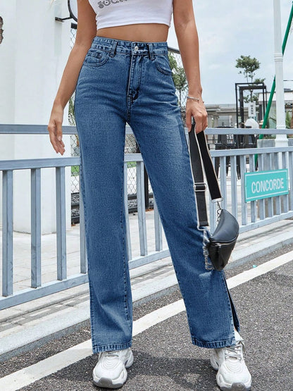 Slit High Waist Jeans with Pockets