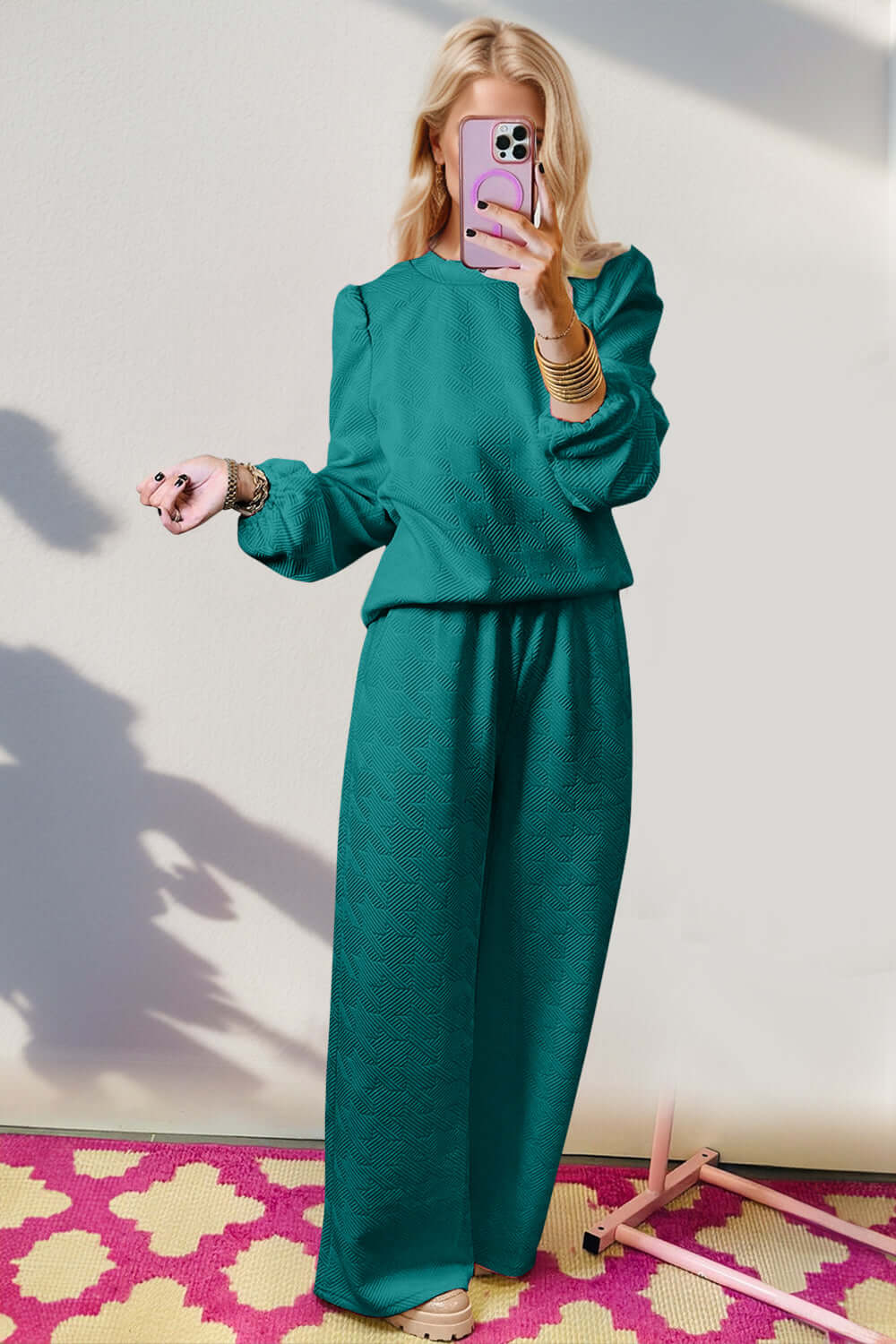 Double Take Texture Long Sleeve Top and Wide Leg Pants Set