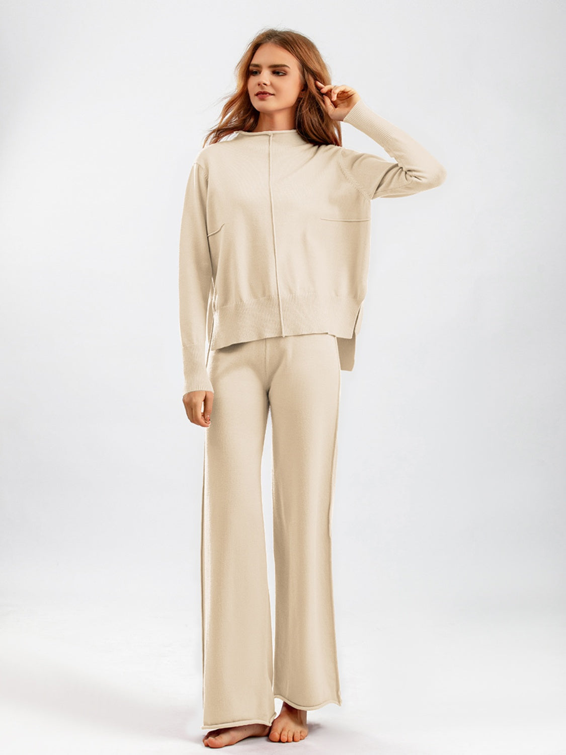 Basic Bae Mock Neck Long Sleeve Top and Pants Sweater Set