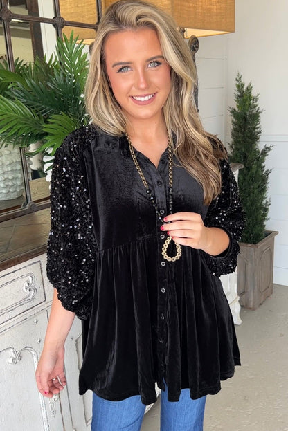 Black Velvet Sequin Puff Sleeve Button Babydoll Blouse