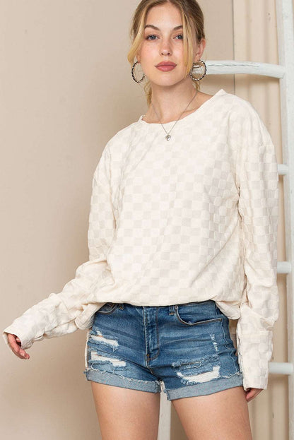 Beige Checkered Furry Thumbhole Long Sleeve Top