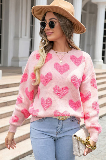 Suéter de punto jacquard con corazón de San Valentín rosa claro